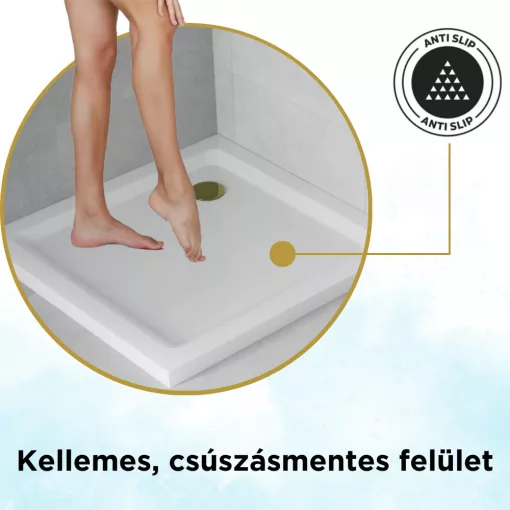 HD Slim 100x100 szögletes lapos akril zuhanytálca, 5 cm magas, arany szifonnal