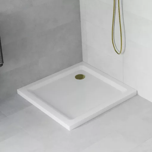 HD Slim 80x80 szögletes lapos akril zuhanytálca, 5 cm magas, arany szifonnal
