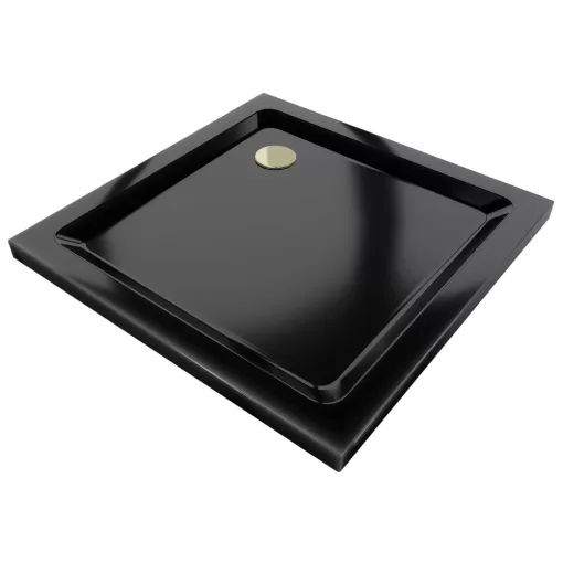 HD Slim Black 90x90 fekete szögletes lapos akril zuhanytálca, 5 cm magas, arany szifonnal