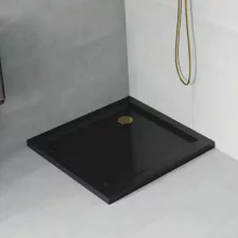 HD Slim Black 90x90 fekete szögletes lapos akril zuhanytálca, 5 cm magas, arany szifonnal