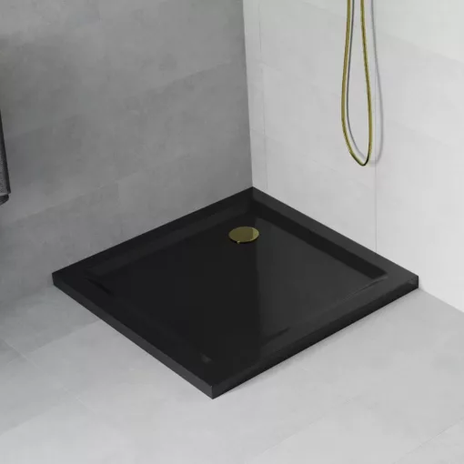 HD Slim Black 90x90 fekete szögletes lapos akril zuhanytálca, 5 cm magas, arany szifonnal