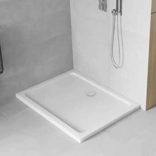 HD Slim 100x80 aszimmetrikus szögletes lapos akril zuhanytálca, 5 cm magas, króm szifonnal