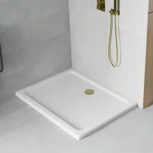 HD Slim 120x90 aszimmetrikus szögletes lapos akril zuhanytálca, 5 cm magas, arany szifonnal