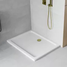 HD Slim 70x100 aszimmetrikus szögletes lapos akril zuhanytálca, 5 cm magas, arany szifonnal