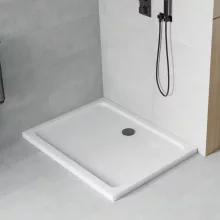 HD Slim aszimmetrikus szögletes lapos akril zuhanytálca, 5 cm magas, fekete szifonnal