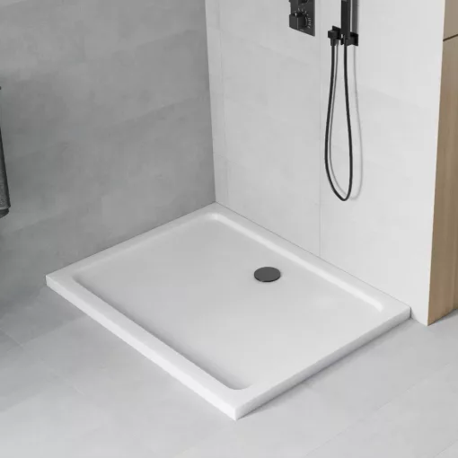 HD Slim aszimmetrikus szögletes lapos akril zuhanytálca, 5 cm magas, fekete szifonnal