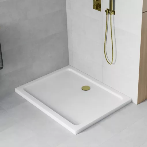 HD Slim 80x70 aszimmetrikus szögletes lapos akril zuhanytálca, 5 cm magas, arany szifonnal