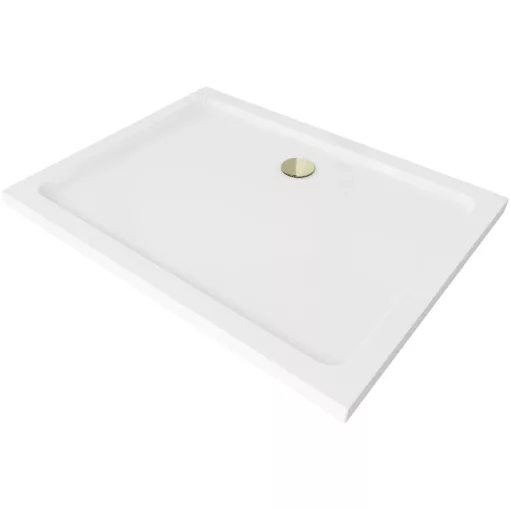 HD Slim 90x70 aszimmetrikus szögletes lapos akril zuhanytálca, 5 cm magas, arany szifonnal