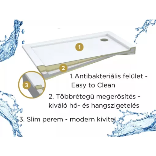 HD Slim 90x70 aszimmetrikus szögletes lapos akril zuhanytálca, 5 cm magas, arany szifonnal