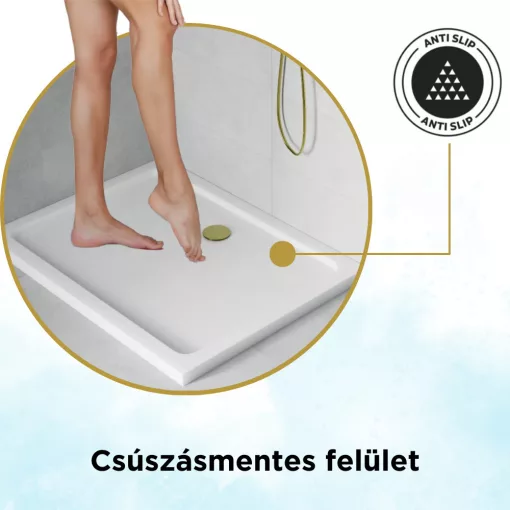 HD Slim 90x70 aszimmetrikus szögletes lapos akril zuhanytálca, 5 cm magas, arany szifonnal