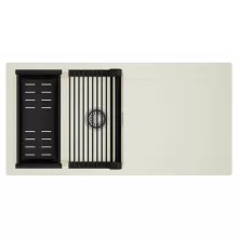 HD Onyx White 100 egymedencés mosogatótálca szett, matt fekete csepegtetőráccsal és kosárral, csepegtetőtálcával, tört fehér színben, szálcsiszolt króm leeresztő szifonnal