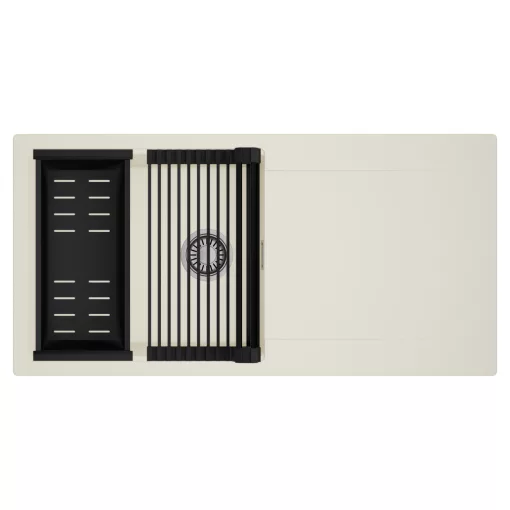 HD Onyx White 100 egymedencés mosogatótálca szett, matt fekete csepegtetőráccsal és kosárral, csepegtetőtálcával, tört fehér színben, szálcsiszolt króm leeresztő szifonnal