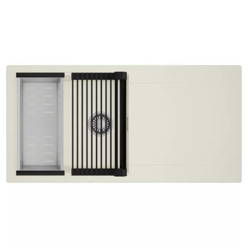 HD Onyx White 100 egymedencés mosogatótálca szett, matt fekete csepegtetőráccsal és krómozott kosárral, csepegtetőtálcával, tört fehér színben, szálcsiszolt króm leeresztő szifonnal