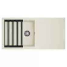 HD Onyx White 100 egymedencés mosogatótálca szett, matt fekete csepegtetőráccsal, csepegtetőtálcával, tört fehér színben, szálcsiszolt króm leeresztő szifonnal