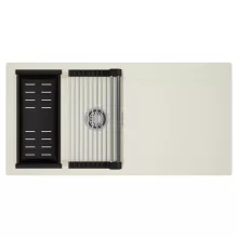 HD Onyx White 100 egymedencés mosogatótálca szett, acél csepegtetőráccsal és matt fekete kosárral, csepegtetőtálcával, tört fehér színben, szálcsiszolt króm leeresztő szifonnal