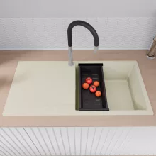 HD Onyx White 100 egymedencés mosogatótálca szett, acél csepegtetőráccsal és matt fekete kosárral, csepegtetőtálcával, tört fehér színben, szálcsiszolt króm leeresztő szifonnal