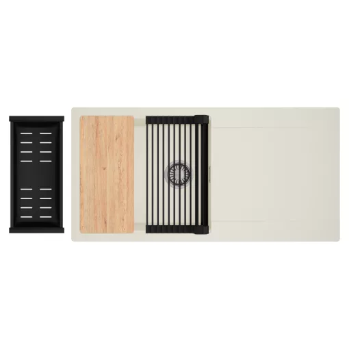 HD Onyx White 100 egymedencés mosogatótálca szett, vágódeszkával, matt fekete csepegtetőráccsal és kosárral, csepegtetőtálcával, tört fehér színben, szálcsiszolt króm leeresztő szifonnal