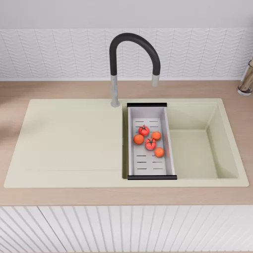 HD Onyx White 100 egymedencés mosogatótálca szett, vágódeszkával, matt fekete csepegtetőráccsal és krómozott kosárral, csepegtetőtálcával, tört fehér színben, szálcsiszolt króm leeresztő szifonnal