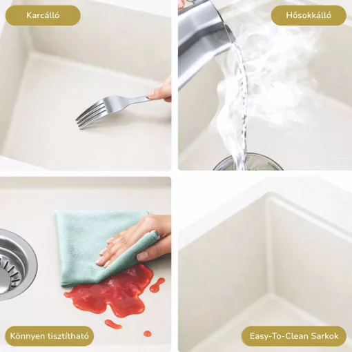 HD Onyx White 100 egymedencés mosogatótálca szett, vágódeszkával, matt fekete csepegtetőráccsal és krómozott kosárral, csepegtetőtálcával, tört fehér színben, szálcsiszolt króm leeresztő szifonnal