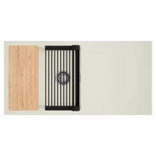 HD Onyx White 100 egymedencés mosogatótálca szett, vágódeszkával, matt fekete csepegtetőráccsal, csepegtetőtálcával, tört fehér színben, szálcsiszolt króm leeresztő szifonnal