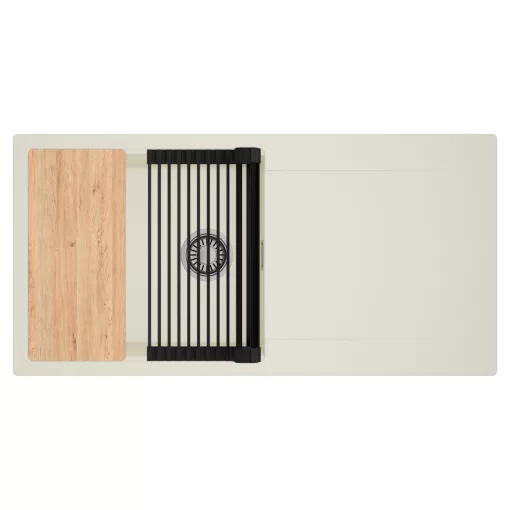 HD Onyx White 100 egymedencés mosogatótálca szett, vágódeszkával, matt fekete csepegtetőráccsal, csepegtetőtálcával, tört fehér színben, szálcsiszolt króm leeresztő szifonnal