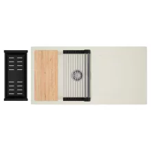 HD Onyx White 100 egymedencés mosogatótálca szett, vágódeszkával, acél csepegtetőráccsal és matt fekete kosárral, csepegtetőtálcával, tört fehér színben, szálcsiszolt króm leeresztő szifonnal