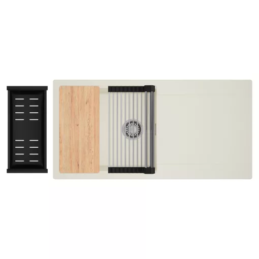 HD Onyx White 100 egymedencés mosogatótálca szett, vágódeszkával, acél csepegtetőráccsal és matt fekete kosárral, csepegtetőtálcával, tört fehér színben, szálcsiszolt króm leeresztő szifonnal