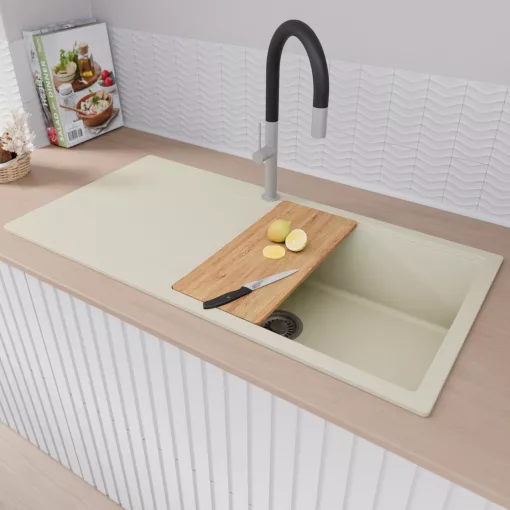 HD Onyx White 100 egymedencés mosogatótálca szett, vágódeszkával, acél csepegtetőráccsal és matt fekete kosárral, csepegtetőtálcával, tört fehér színben, szálcsiszolt króm leeresztő szifonnal