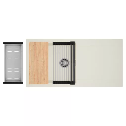 HD Onyx White 100 egymedencés mosogatótálca szett, vágódeszkával, acél csepegtetőráccsal és kosárral, csepegtetőtálcával, tört fehér színben, szálcsiszolt króm leeresztő szifonnal