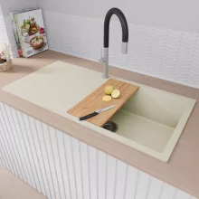 HD Onyx White 100 egymedencés mosogatótálca szett, vágódeszkával, acél csepegtetőráccsal és kosárral, csepegtetőtálcával, tört fehér színben, szálcsiszolt króm leeresztő szifonnal