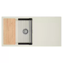 HD Onyx White 100 egymedencés mosogatótálca szett, vágódeszkával, acél csepegtetőráccsal, csepegtetőtálcával, tört fehér színben, szálcsiszolt króm leeresztő szifonnal