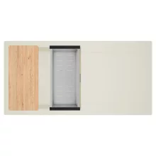 HD Onyx White 100 egymedencés mosogatótálca szett, vágódeszkával, acél csepegtetőkosárral, csepegtetőtálcával, tört fehér színben, szálcsiszolt króm leeresztő szifonnal