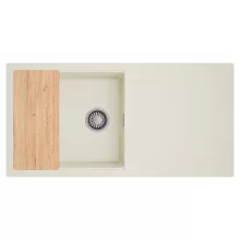 HD Onyx White 100 egymedencés mosogatótálca, vágódeszkával, csepegtetőtálcával, tört fehér színben, szálcsiszolt króm leeresztő szifonnal