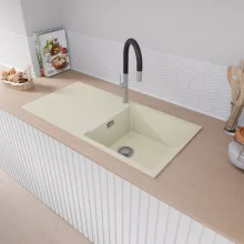 HD Onyx White 100 egymedencés mosogatótálca, vágódeszkával, csepegtetőtálcával, tört fehér színben, szálcsiszolt króm leeresztő szifonnal