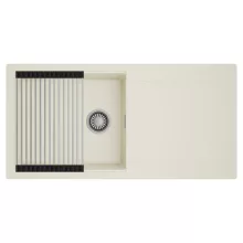 HD Onyx White 100 egymedencés mosogatótálca szett, acél csepegtetőráccsal, csepegtetőtálcával, tört fehér színben, szálcsiszolt króm leeresztő szifonnal