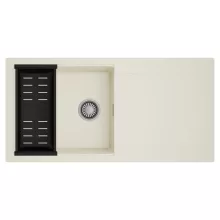 HD Onyx White 100 egymedencés mosogatótálca szett, matt fekete csepegtetőkosárral, csepegtetőtálcával, tört fehér színben, szálcsiszolt króm leeresztő szifonnal