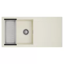 HD Onyx White 100 egymedencés mosogatótálca szett, acél csepegtetőkosárral, csepegtetőtálcával, tört fehér színben, szálcsiszolt króm leeresztő szifonnal