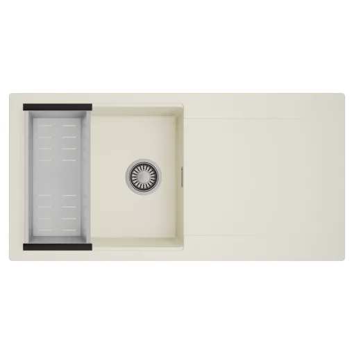 HD Onyx White 100 egymedencés mosogatótálca szett, acél csepegtetőkosárral, csepegtetőtálcával, tört fehér színben, szálcsiszolt króm leeresztő szifonnal