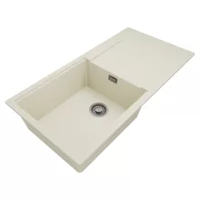 HD Onyx White 100 egymedencés mosogatótálca, csepegtetőtálcával, tört fehér színben, szálcsiszolt króm leeresztő szifonnal