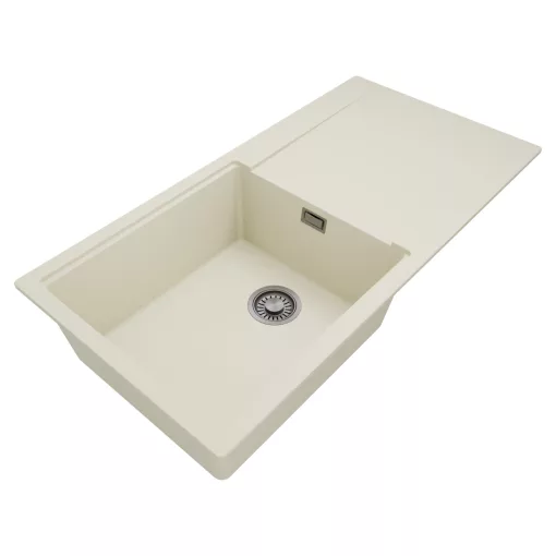 HD Onyx White 100 egymedencés mosogatótálca, csepegtetőtálcával, tört fehér színben, szálcsiszolt króm leeresztő szifonnal