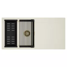 HD Onyx White 100 egymedencés mosogatótálca szett, matt fekete csepegtetőráccsal és kosárral, csepegtetőtálcával, tört fehér színben, szálcsiszolt arany leeresztő szifonnal