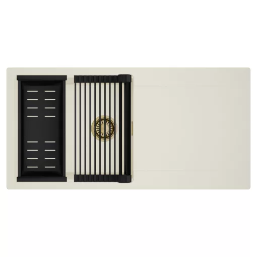 HD Onyx White 100 egymedencés mosogatótálca szett, matt fekete csepegtetőráccsal és kosárral, csepegtetőtálcával, tört fehér színben, szálcsiszolt arany leeresztő szifonnal