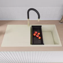 HD Onyx White 100 egymedencés mosogatótálca szett, matt fekete csepegtetőráccsal és kosárral, csepegtetőtálcával, tört fehér színben, szálcsiszolt arany leeresztő szifonnal