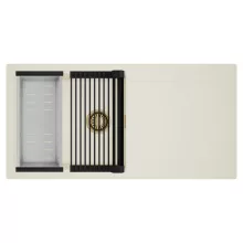 HD Onyx White 100 egymedencés mosogatótálca szett, matt fekete csepegtetőráccsal és krómozott kosárral, csepegtetőtálcával, tört fehér színben, szálcsiszolt arany leeresztő szifonnal