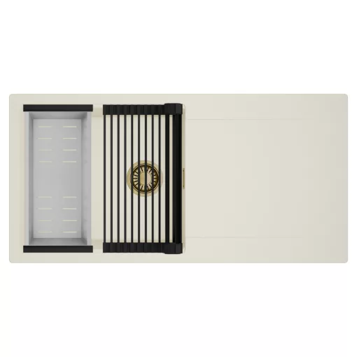 HD Onyx White 100 egymedencés mosogatótálca szett, matt fekete csepegtetőráccsal és krómozott kosárral, csepegtetőtálcával, tört fehér színben, szálcsiszolt arany leeresztő szifonnal