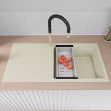 HD Onyx White 100 egymedencés mosogatótálca szett, matt fekete csepegtetőráccsal és krómozott kosárral, csepegtetőtálcával, tört fehér színben, szálcsiszolt arany leeresztő szifonnal