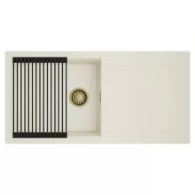 HD Onyx White 100 egymedencés mosogatótálca szett, matt fekete csepegtetőráccsal, csepegtetőtálcával, tört fehér színben, szálcsiszolt arany leeresztő szifonnal