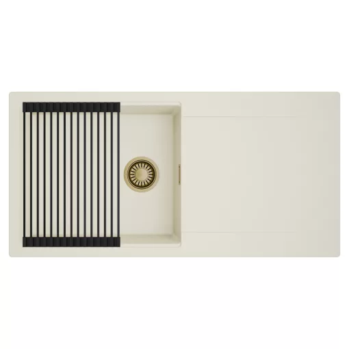 HD Onyx White 100 egymedencés mosogatótálca szett, matt fekete csepegtetőráccsal, csepegtetőtálcával, tört fehér színben, szálcsiszolt arany leeresztő szifonnal
