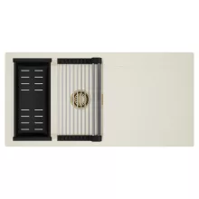 HD Onyx White 100 egymedencés mosogatótálca szett, acél csepegtetőráccsal és matt fekete kosárral, csepegtetőtálcával, tört fehér színben, szálcsiszolt arany leeresztő szifonnal