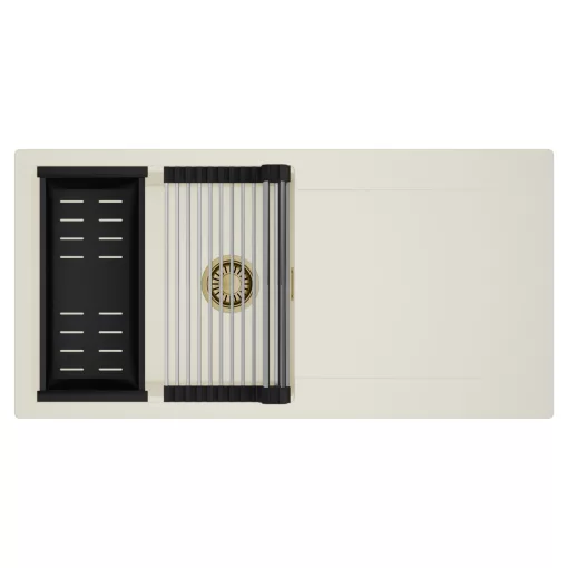 HD Onyx White 100 egymedencés mosogatótálca szett, acél csepegtetőráccsal és matt fekete kosárral, csepegtetőtálcával, tört fehér színben, szálcsiszolt arany leeresztő szifonnal